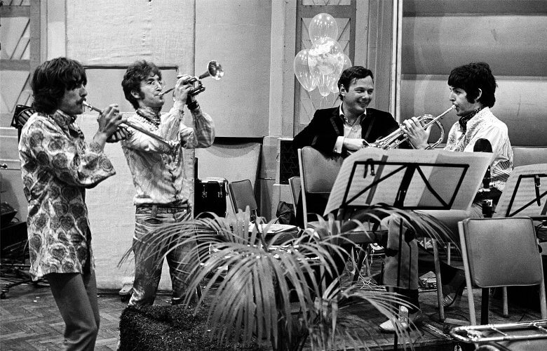 George Harrison, John Lennon, Paul McCartney, and Brian Epstein, 1967